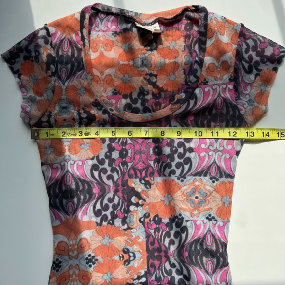 Sweet Pea Stacy Frati Y2K Mesh Floral Orange SS Top Boho 90s Small Phoebe - Picture 7 of 10